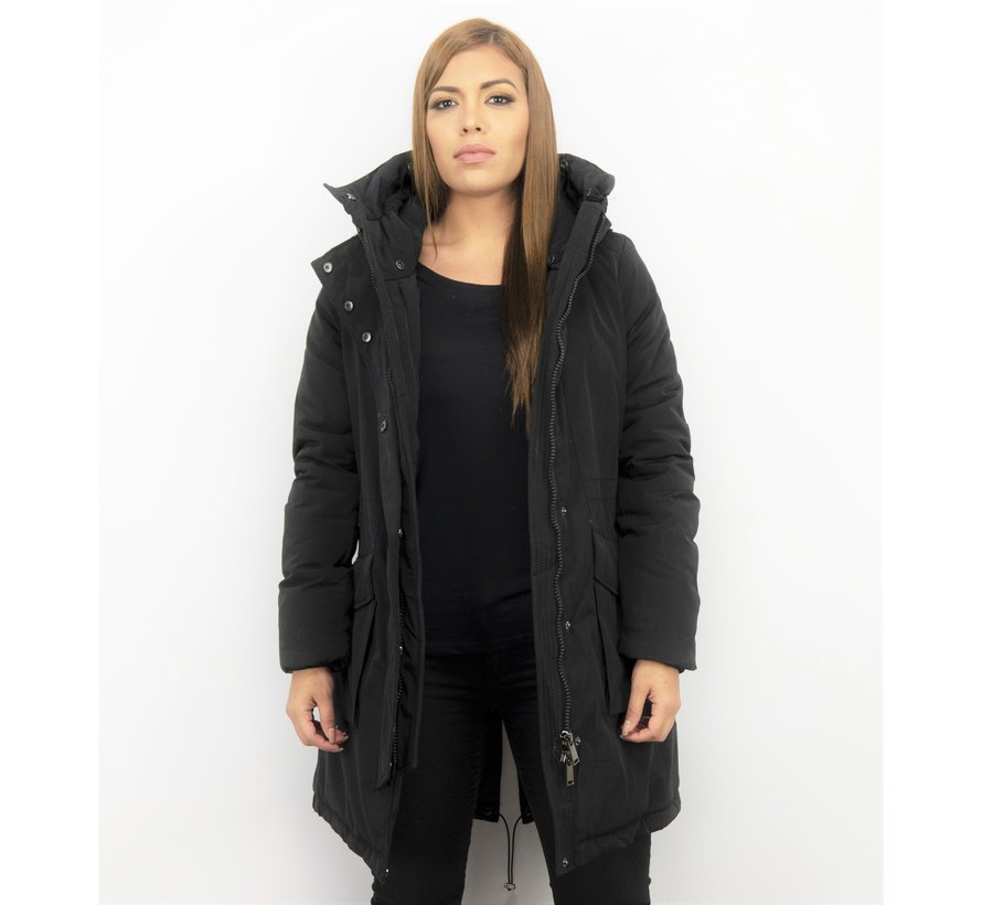 Dames Imitatie Bontjas - Lange Winterjas - Parka - Zwart