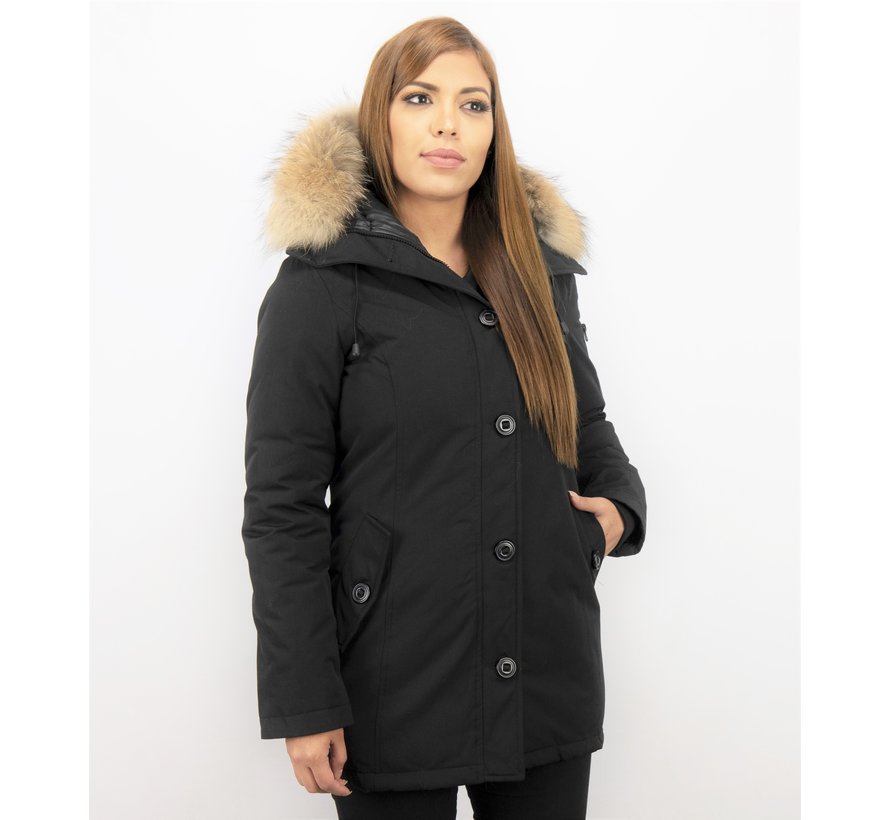 Dames Winterjassen Zwart - Parka met Bontkraag