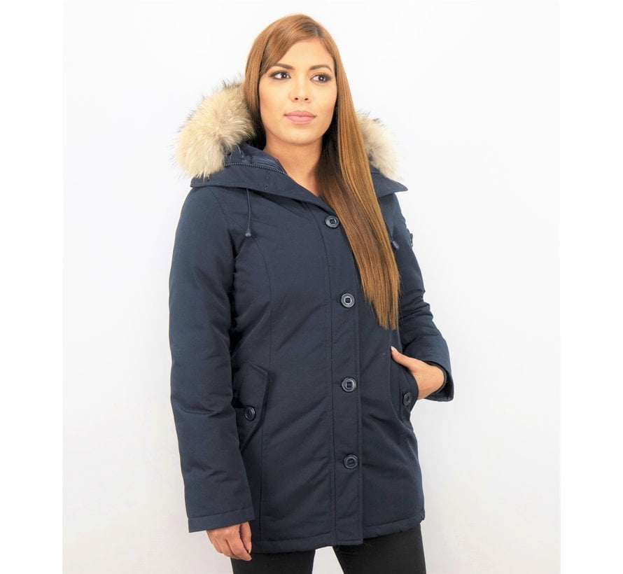 Dames Winterjassen Lang - Parka met  Bontkraag - Blauw