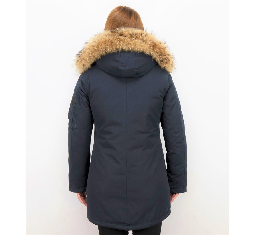 Dames Winterjassen Lang - Parka met  Bontkraag - Blauw