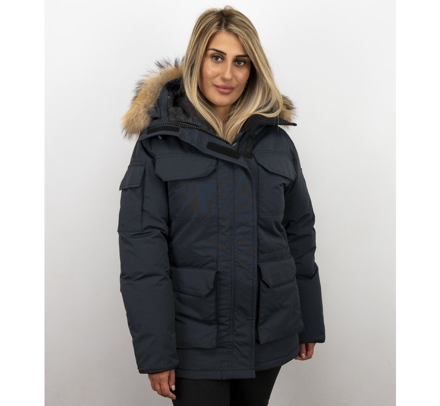 Dames Winterjas Halflang - Parka met Grote Bontkraag - Blauw