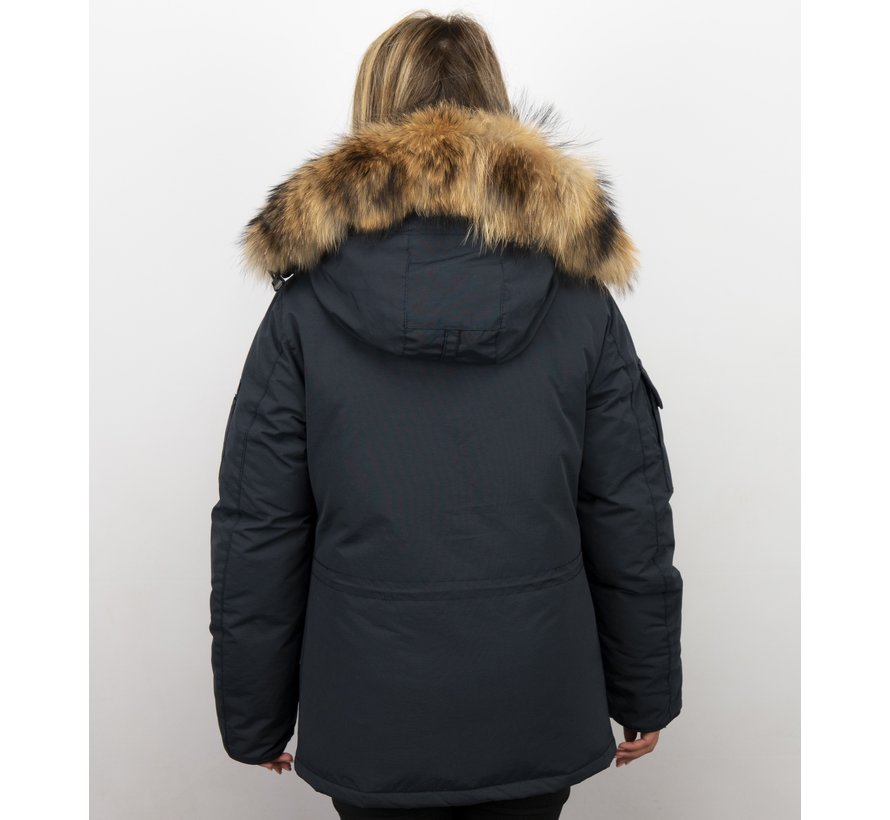 Dames Winterjas Halflang - Parka met Grote Bontkraag - Blauw