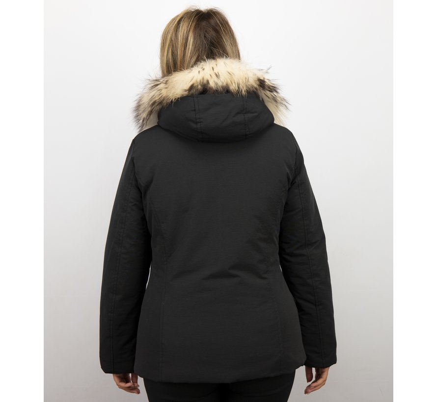 Dames Winterjas Wooly Kort - Grote Witte Bontkraag - Zwart