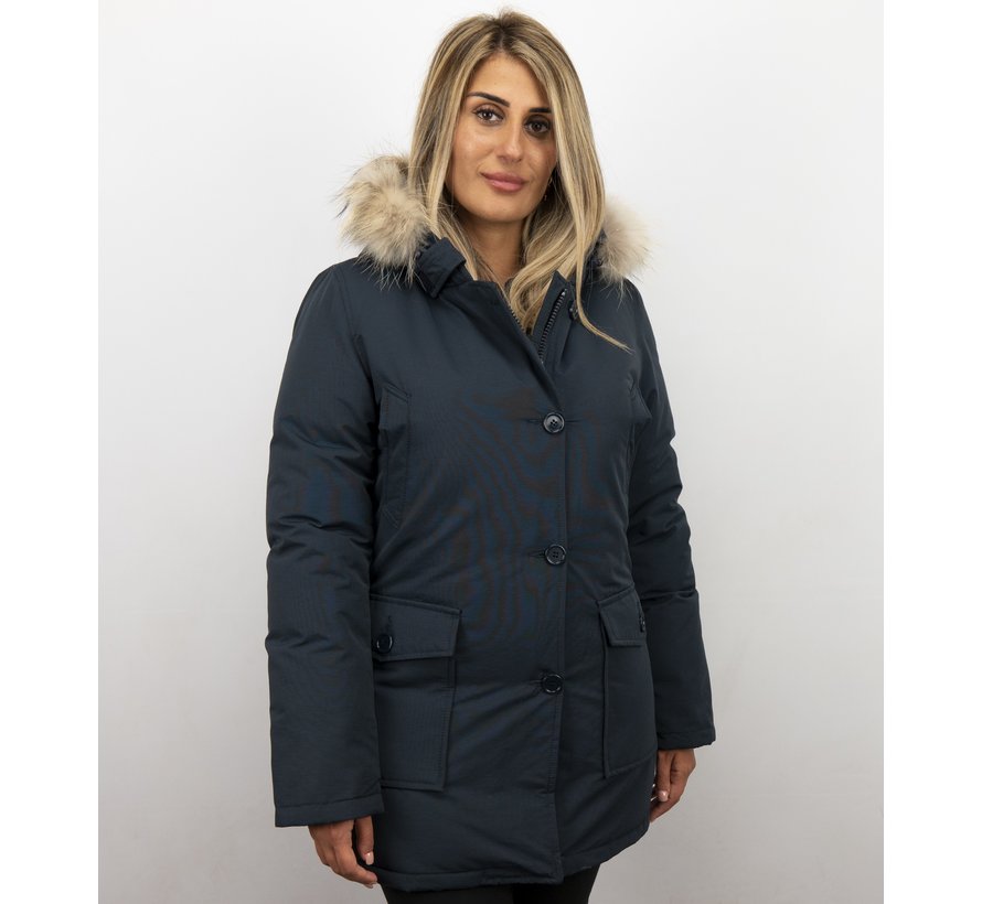 Dames Winterjas Lang - Parka met Bontkraag - Steekzakken - Blauw