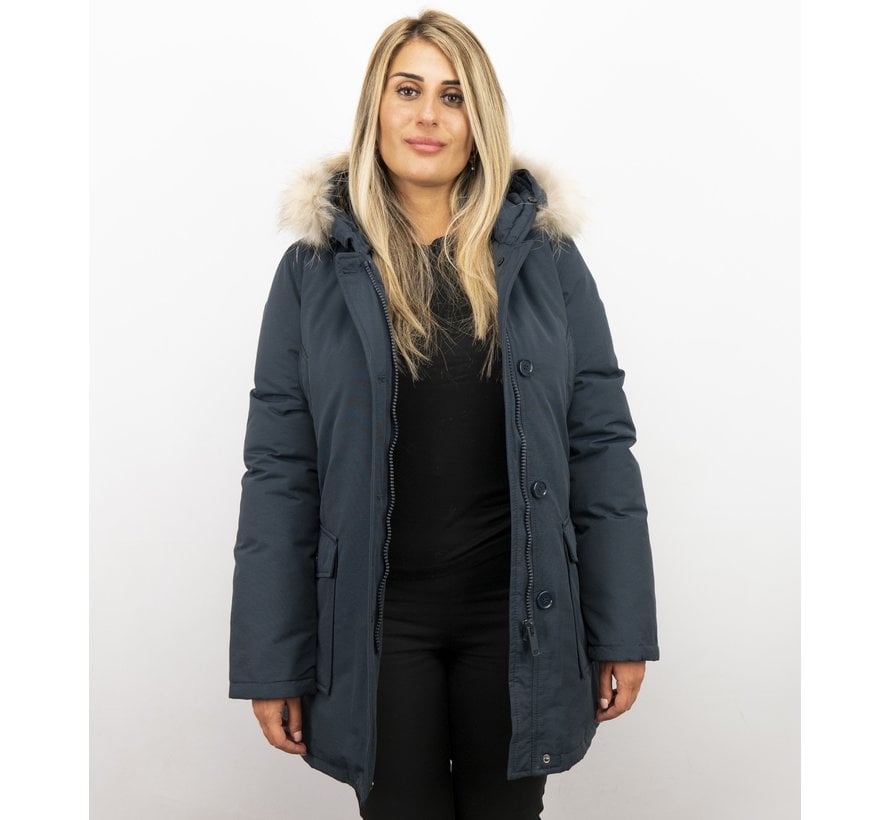 Dames Winterjas Lang - Parka met Bontkraag - Steekzakken - Blauw