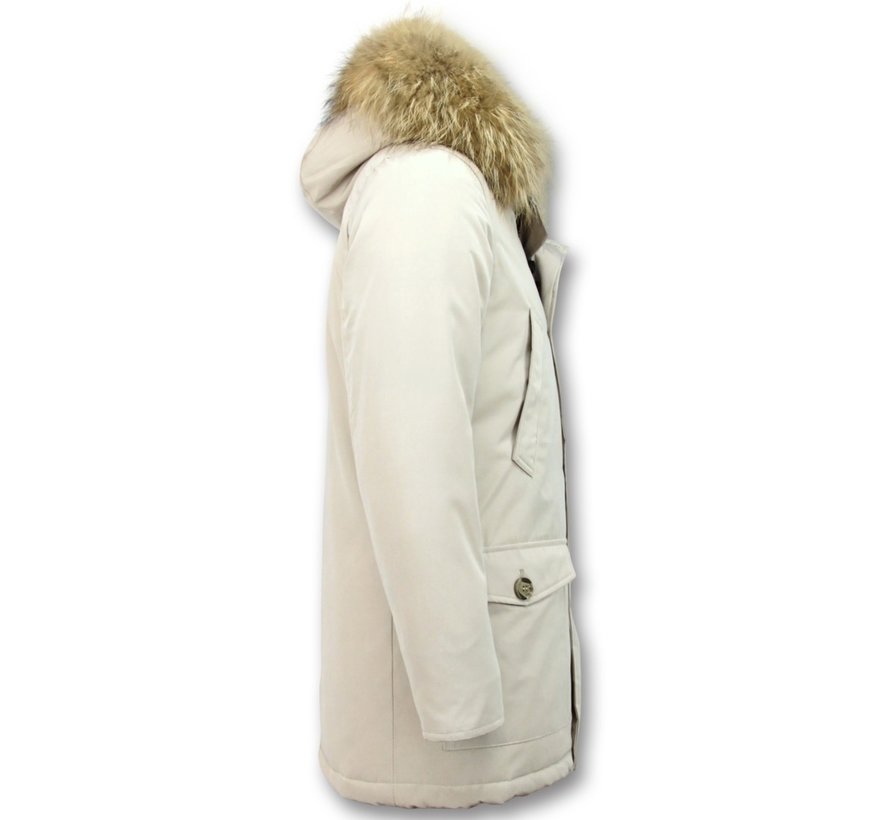 Lange Heren Winterjas met Grote Echte Bontkraag – Beige