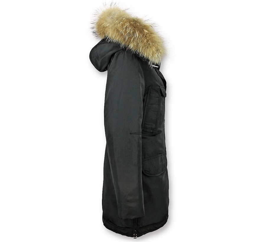 Dames Winterjas Met Echte Bontkraag - Lange Parka – Zwart