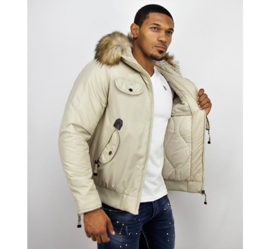 Winterjas Kort Heren  - Met Kunstkraag - Pilot Jack  - Beige/Wit