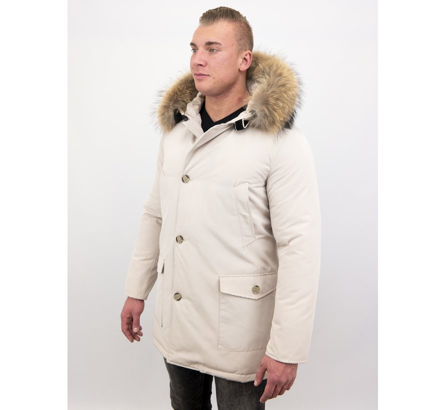 Lange Heren Winterjas met Grote Echte Bontkraag – Beige