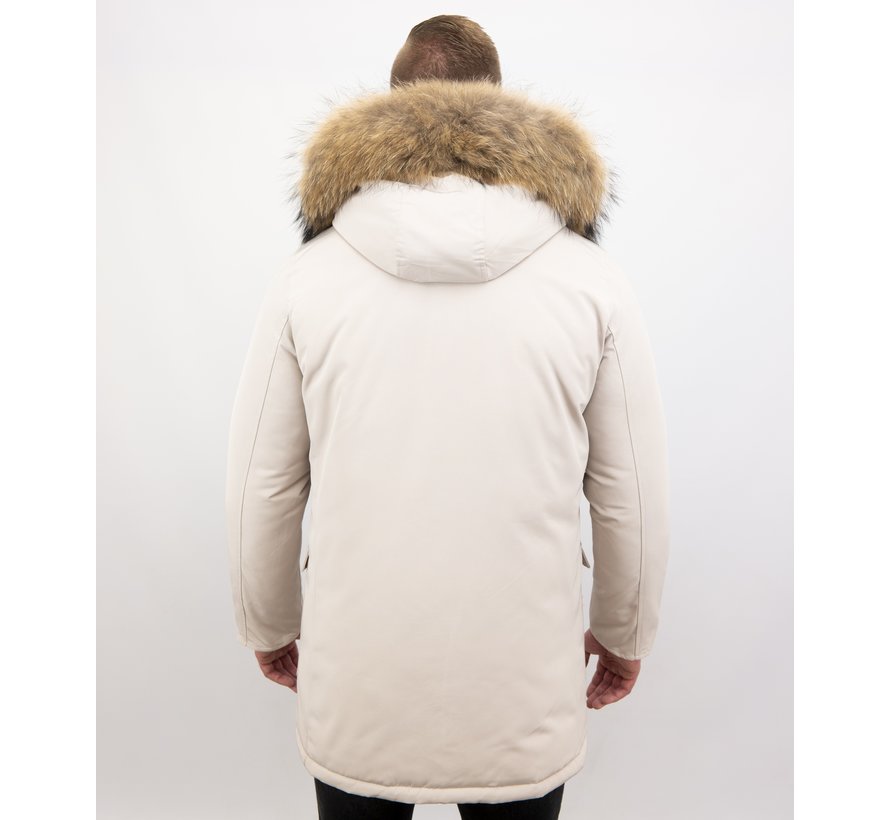 Lange Heren Winterjas met Grote Echte Bontkraag – Beige