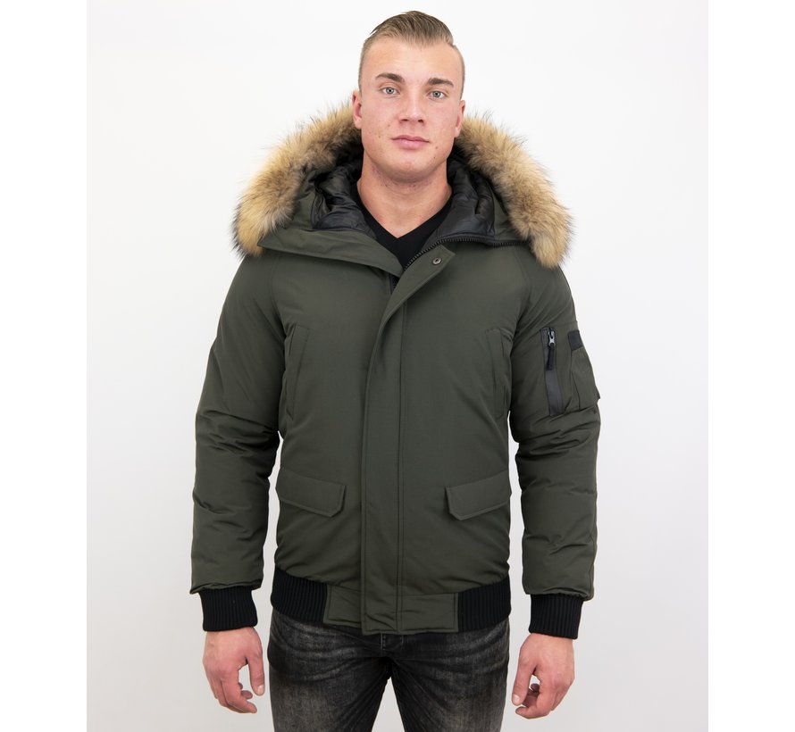 Heren Winterjas Kort Army – Met Bontkraag – Groen