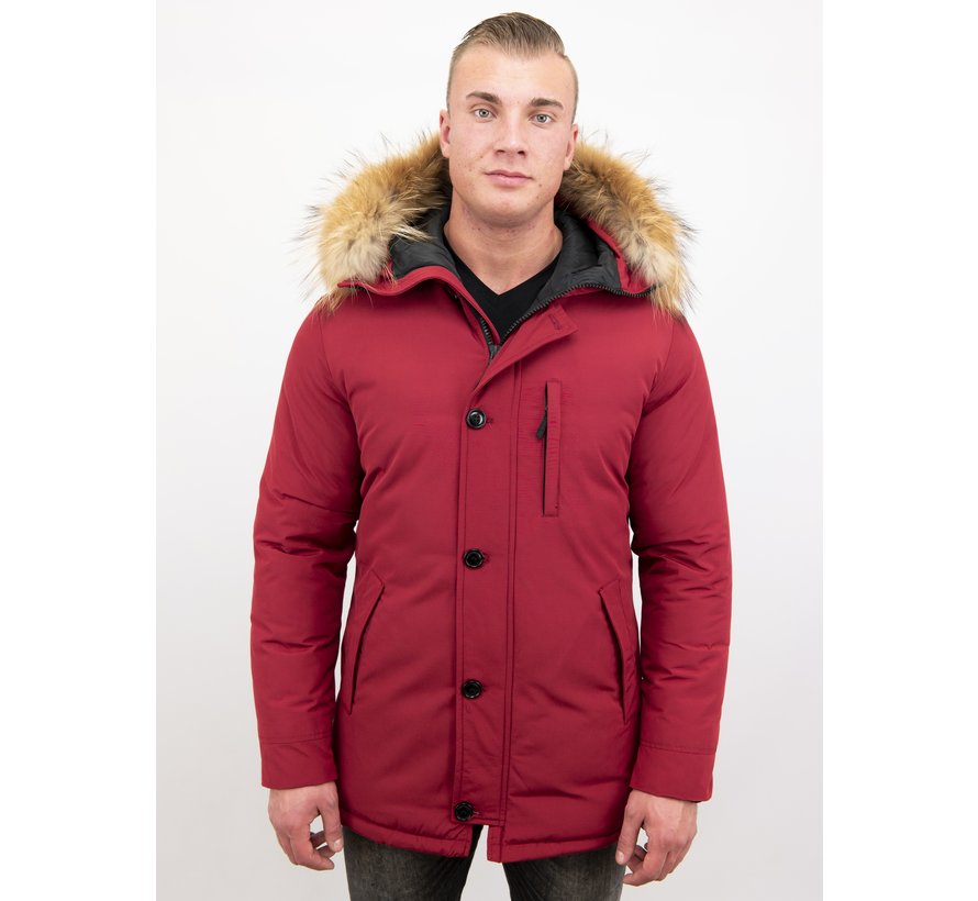 Heren Winterjas Lang - Parka Grote Kunstkraag -Rood