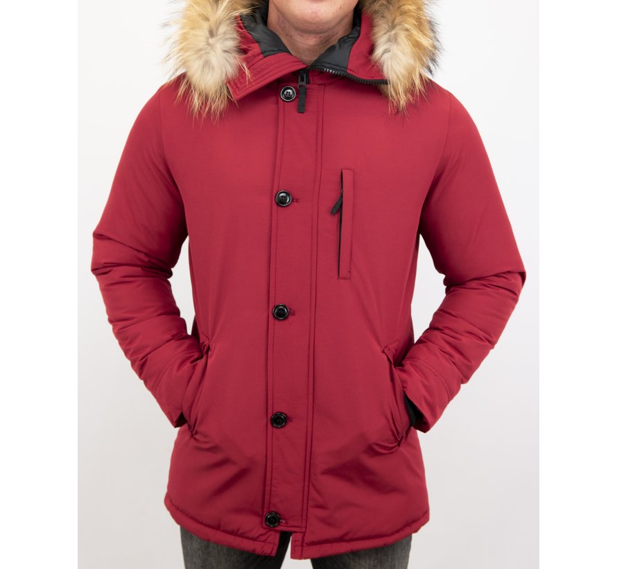 Heren Winterjas Lang - Parka Grote Kunstkraag -Rood