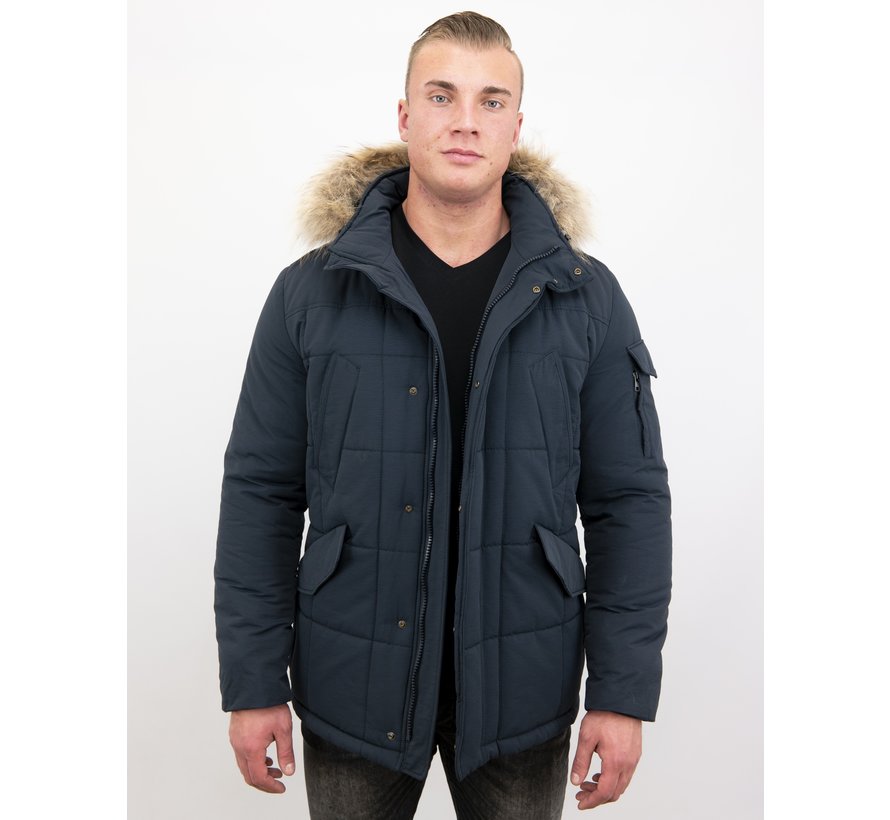 Lange Heren  Winterjas - Parka met GROTE Bontkraag - Blauw