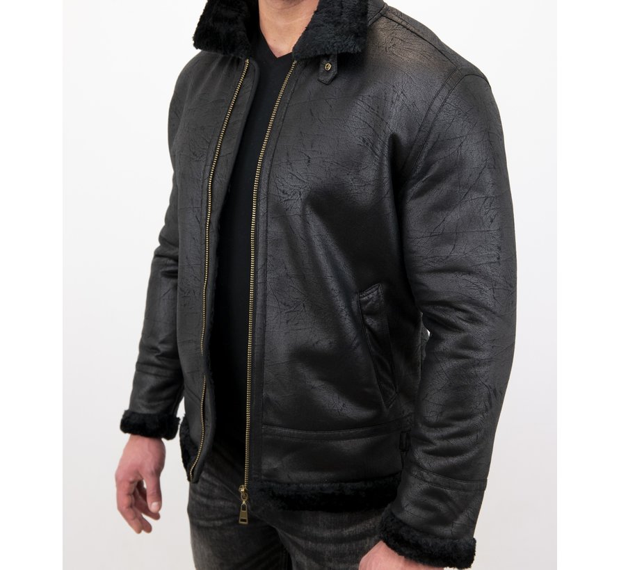 Shearling jacket - Nep Leer - Zwart