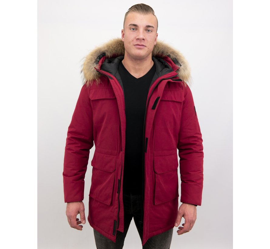 Lange Heren Parka  -  Echte Bontkraag – Rood