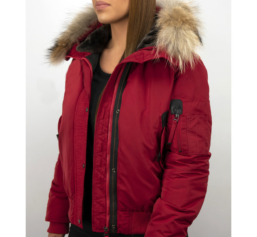 Korte Slim Fit Winterjas Dames  – Met Grote Bontkraag  – Rood