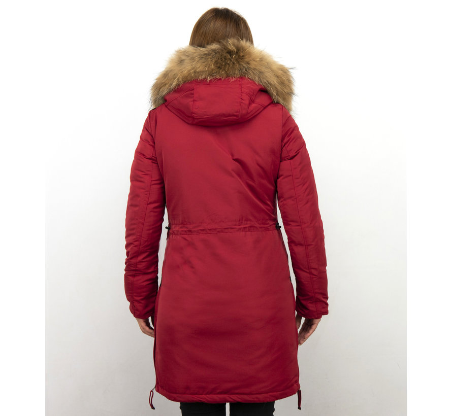 Rode Lange Winterjas  Dames Parka met Bontkraag