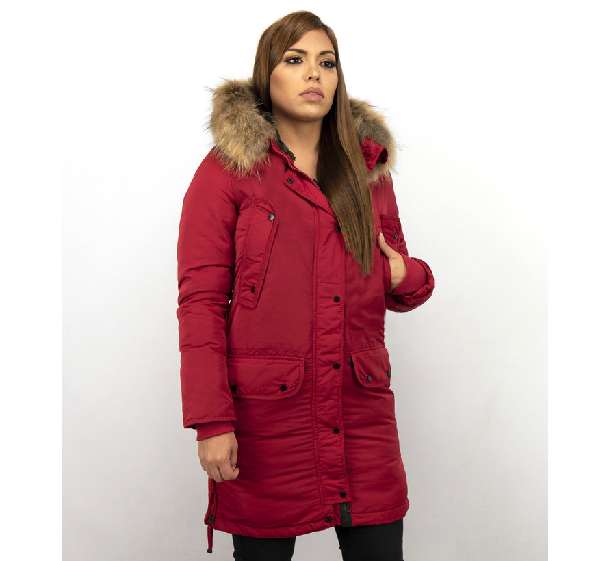 Rode Lange Winterjas  Dames Parka met Bontkraag