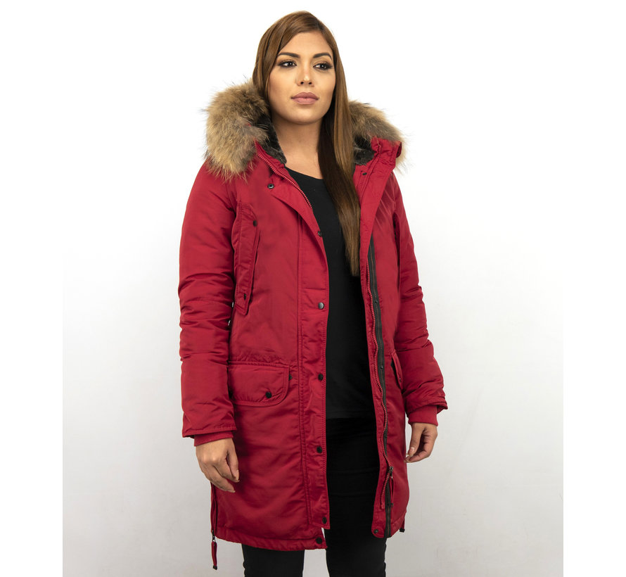 Rode Lange Winterjas  Dames Parka met Bontkraag