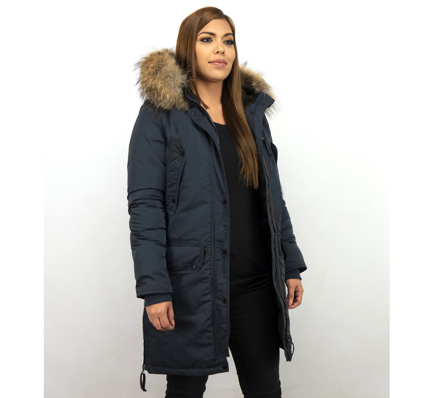 Lange Winterjas - Dames Parka met Bontkraag - Blauw