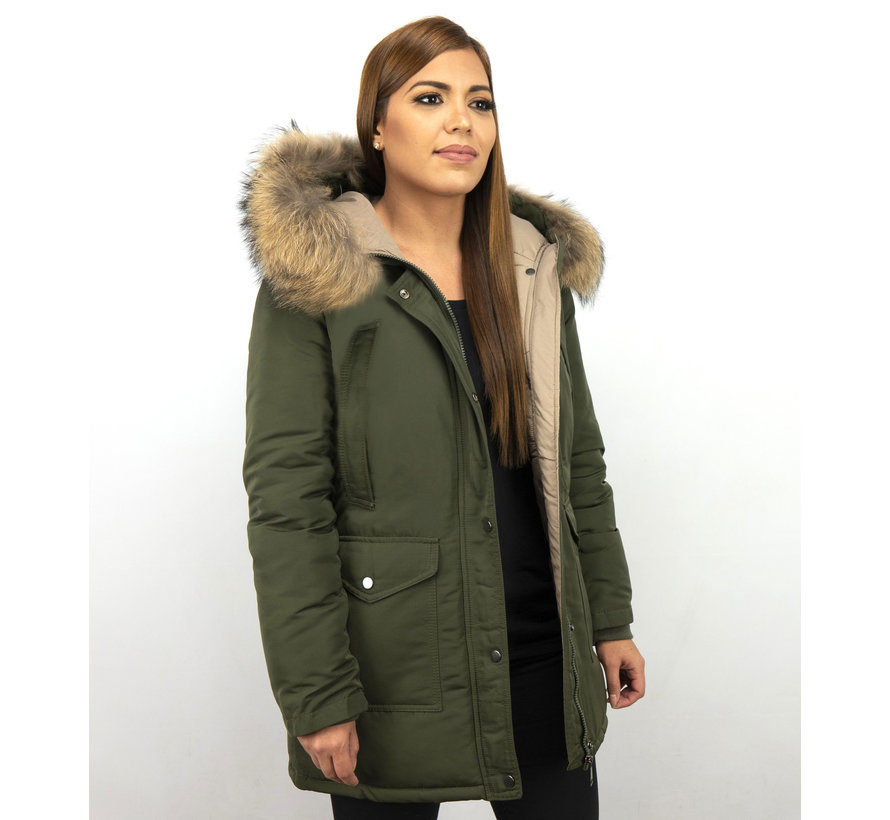 Dames Winterjas Lang - Slim Fit Parka -Met XL Bontkraag - Groen