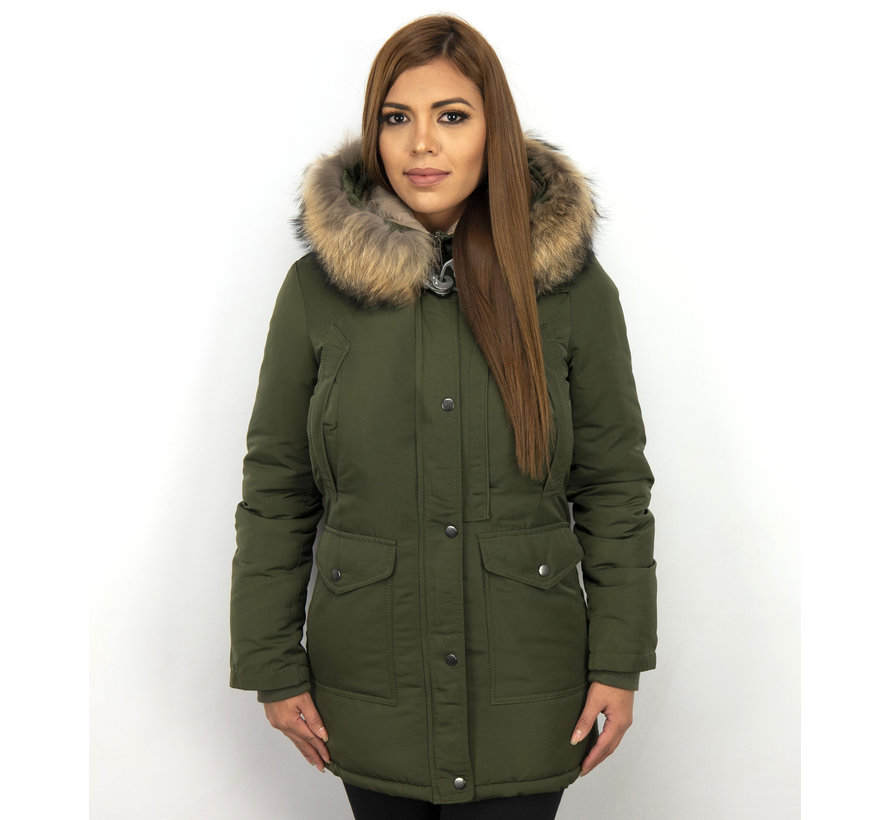 Dames Winterjas Lang - Slim Fit Parka -Met XL Bontkraag - Groen