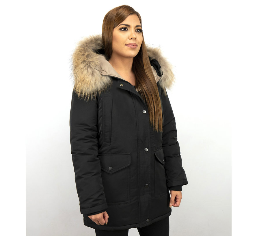 Dames Winterjas Lang - Parka Slim Fit  -Met XL Bontkraag - Zwart