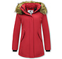 Winterjas Dames met Faux  Bontkraag - Slim Fit - Rood