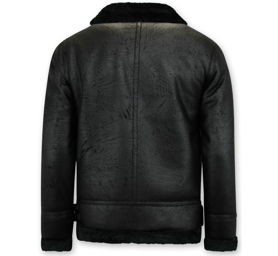 Shearling jacket - Nep Leer - Zwart