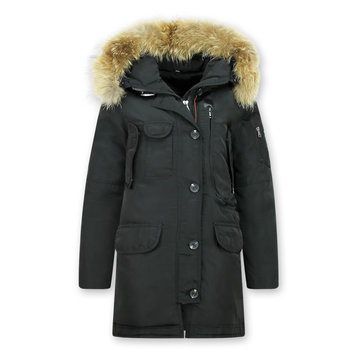 Macleria Dames Winterjas Met Echte Bontkraag - Lange Parka – Zwart