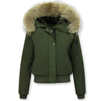 Macleria Dames Korte Winterjas  – Met  Grote Bontkraag – Groen