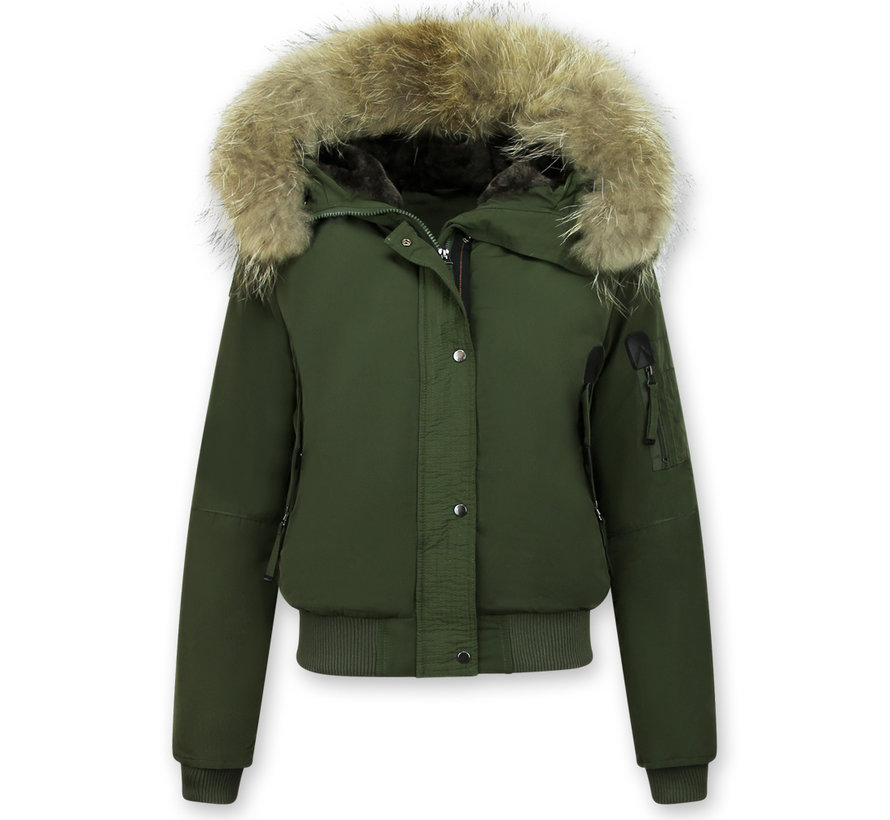 Dames Korte Winterjas  – Met  Grote Bontkraag – Groen