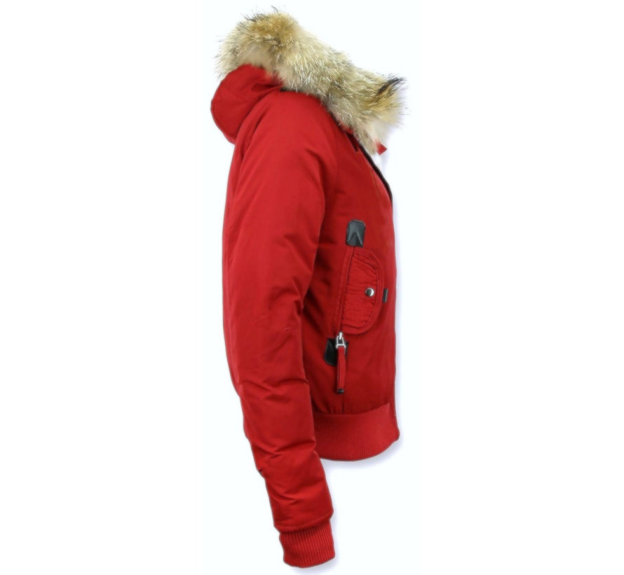 Korte Slim Fit Winterjas Dames  – Met Grote Bontkraag  – Rood