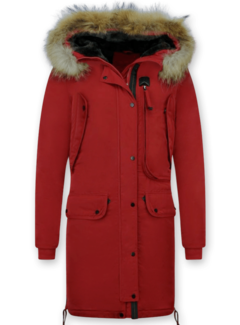 Macleria Rode Lange Winterjas  Dames Parka met Bontkraag