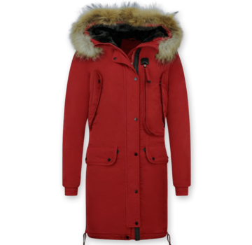 Macleria Rode Lange Winterjas  Dames Parka met Bontkraag