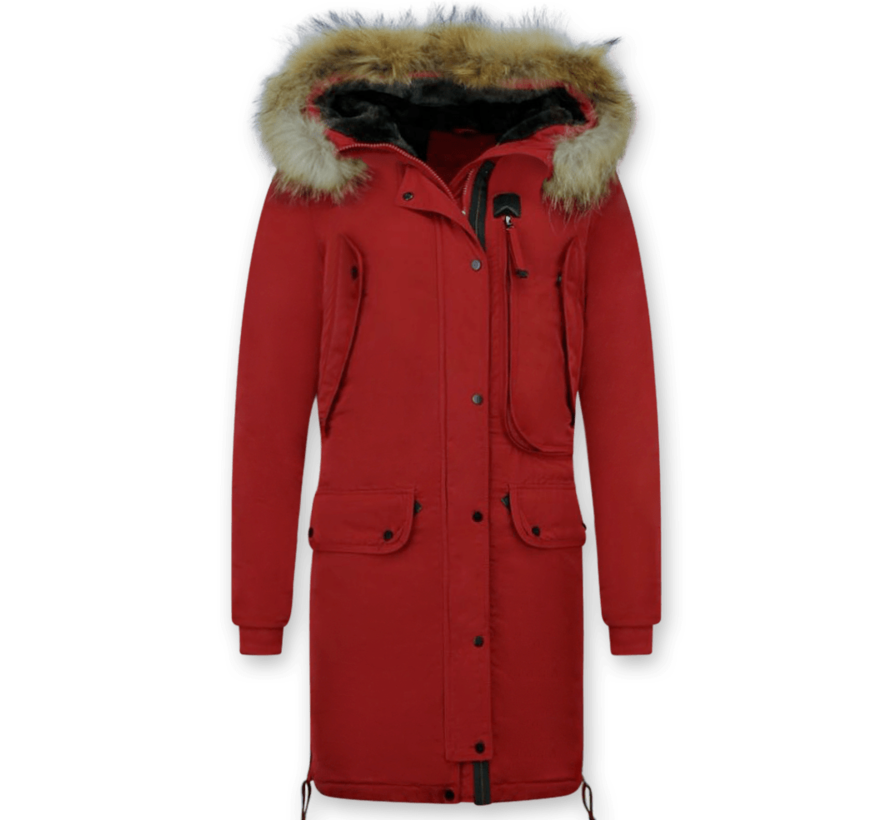 Rode Lange Winterjas  Dames Parka met Bontkraag