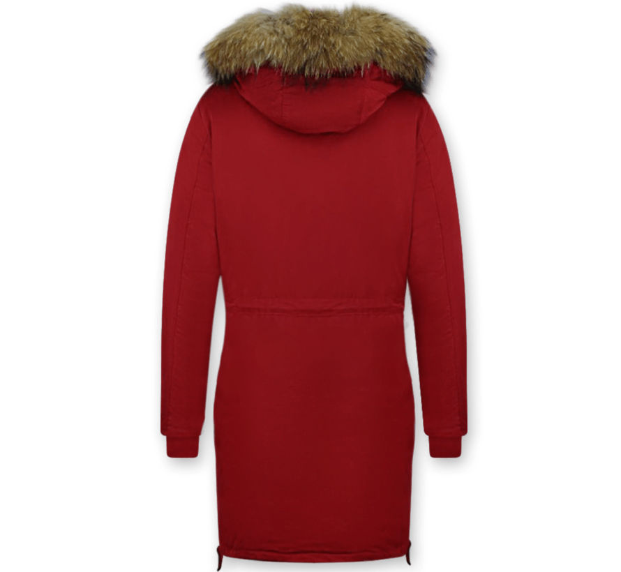 Rode Lange Winterjas  Dames Parka met Bontkraag