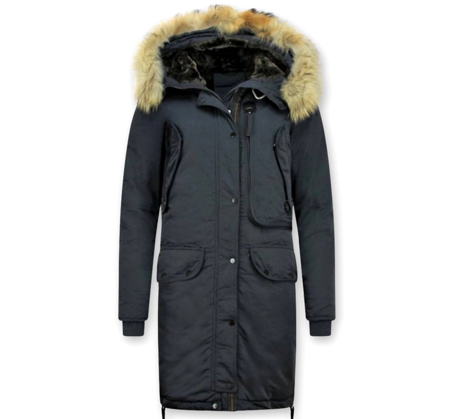 Lange Winterjas - Dames Parka met Bontkraag - Blauw