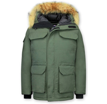 Beluomo Heren Winterjas Halflang - Groene Parka met Bontkraag