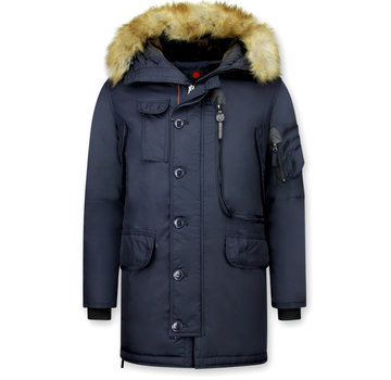 Just Key Heren Winterjas Lange  - Parka met Grote Kunstkraag - Blauw