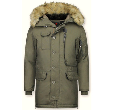 Just Key Heren Winterjas Lang - Groen Parka Met Kunstkraag