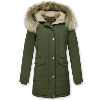 Macleria Dames Winterjas Lang - Slim Fit Parka -Met XL Bontkraag - Groen