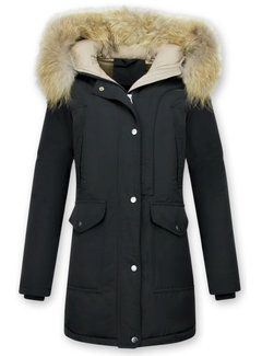 Macleria Dames Winterjas Lang - Parka Slim Fit  -Met XL Bontkraag - Zwart