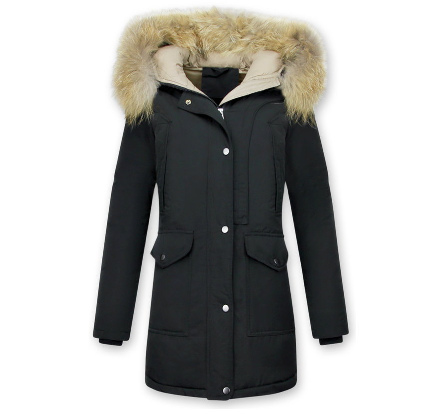 Dames Winterjas Lang - Parka Slim Fit  -Met XL Bontkraag - Zwart