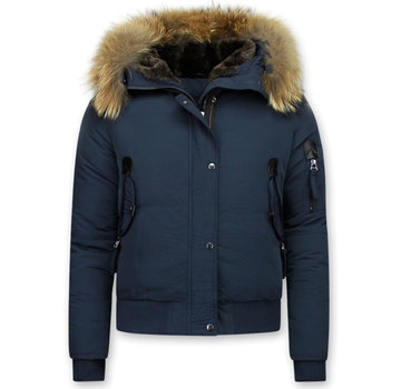 Macleria Dames Winterjas Kort - Met Grote Bontkraag - Blauw