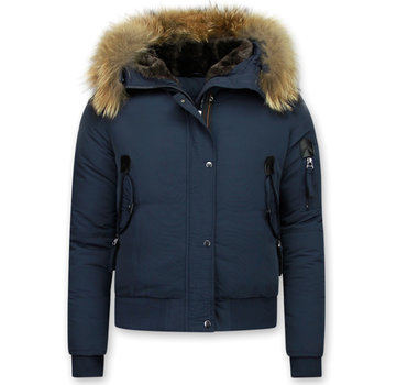 Macleria Dames Winterjas Kort - Met Grote Bontkraag - Blauw