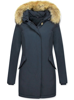 TheBrand Getailleerde Dames Winterjas  Lang - Met Grote Bontkraag - Blauw