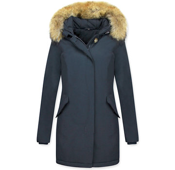 TheBrand Getailleerde Dames Winterjas  Lang - Met Grote Bontkraag - Blauw