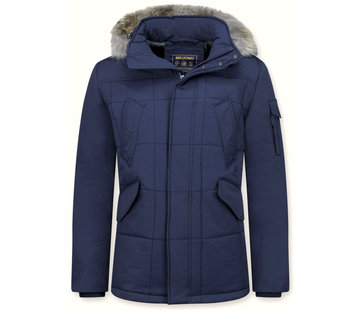 Beluomo Winterjas Heren Lange  - met Kleine Bontkraag - Navy